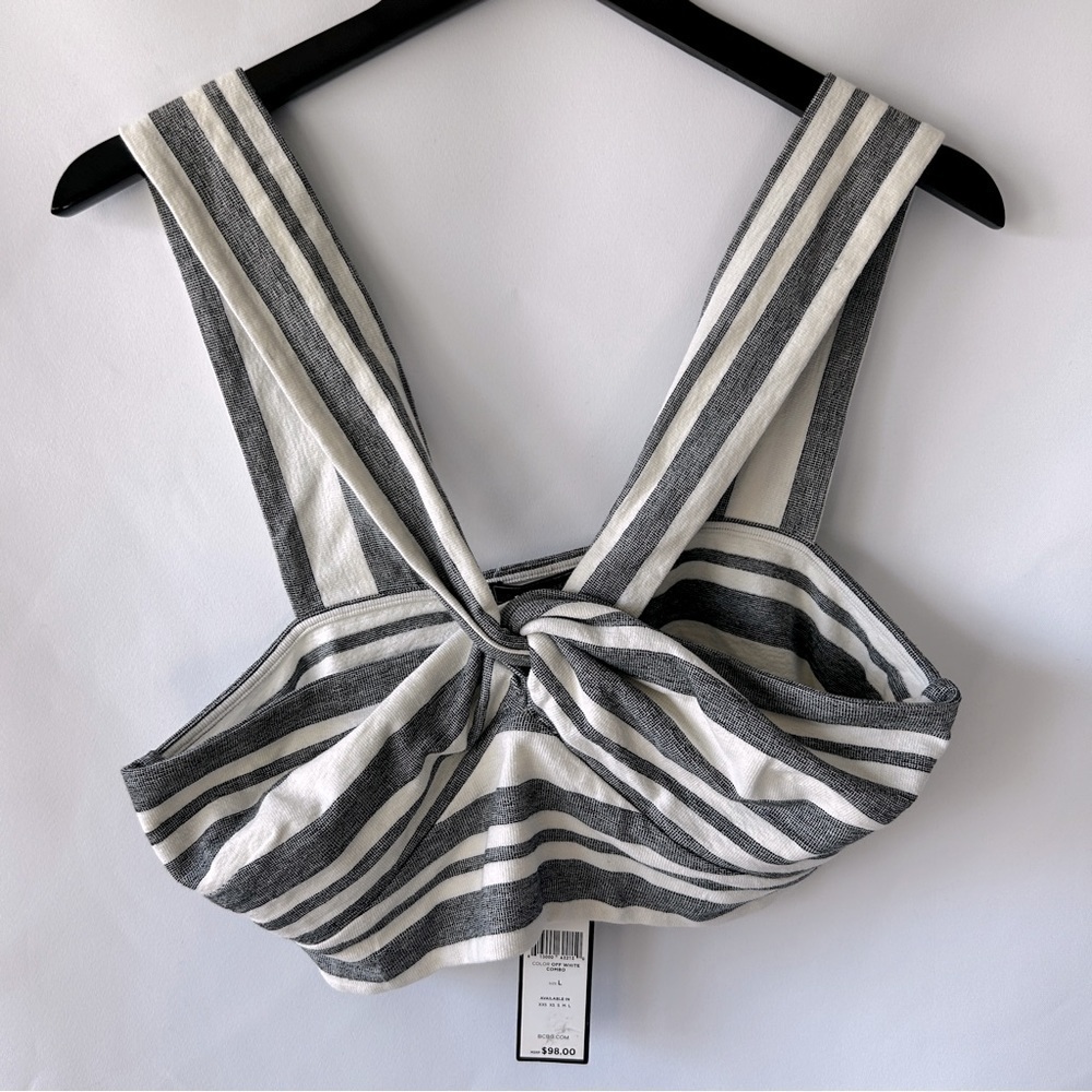 BCBGMaxAzria Women's Off White Grey Cropped Linen Top Size Large